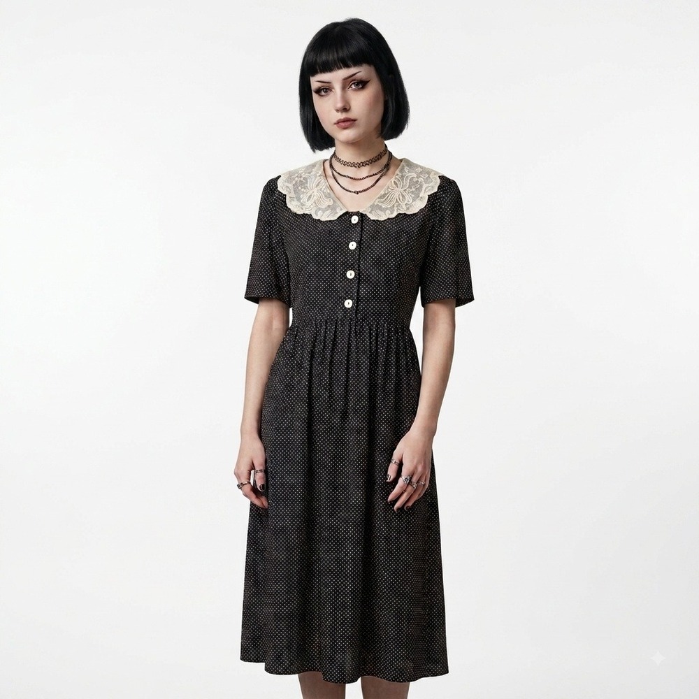 Vintage 90s Black Polka Dot Lace Collar Tie-Back Midi Dress Size 12P Whimsigoth